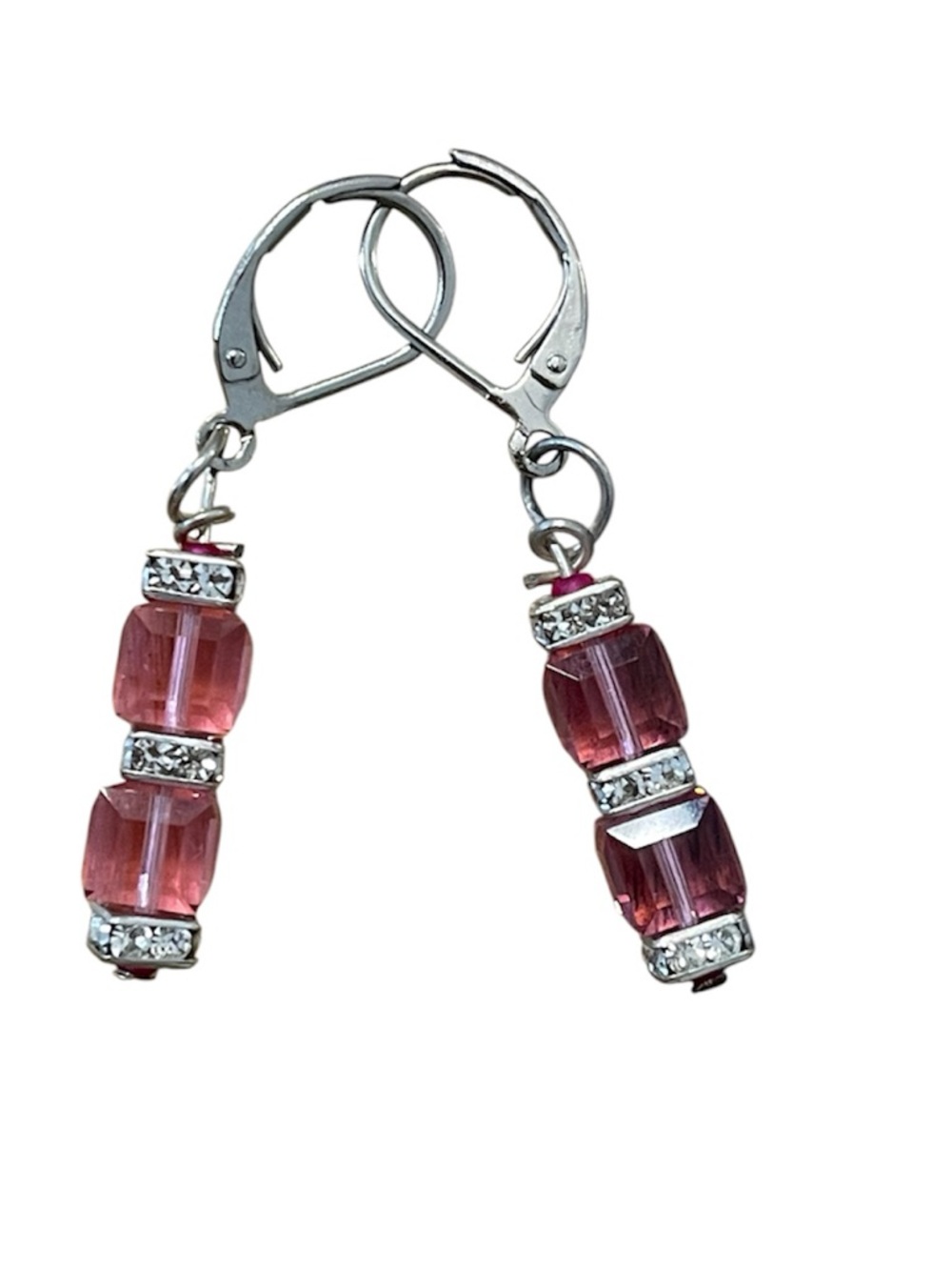 Silver Pink/Rose Crystal Drop Earrings with Rhinestone Accents. NWOT